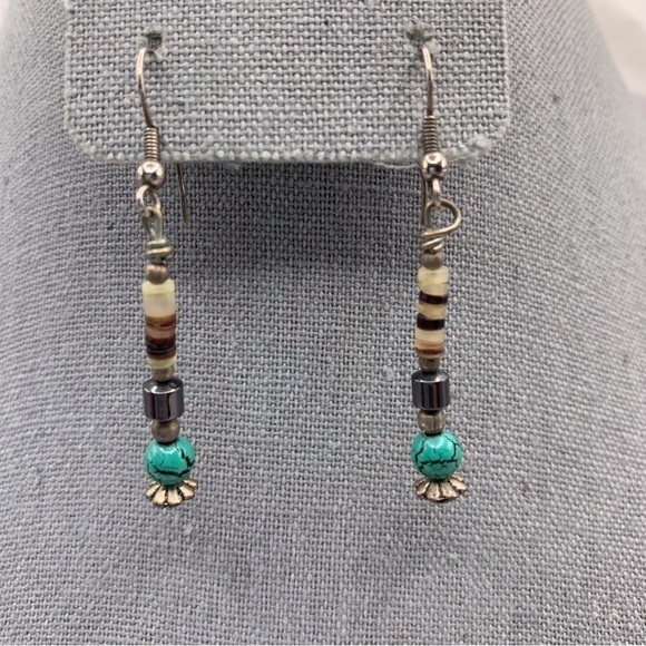 Faux Turquoise Blue and Brown Long Beaded Dangle Earrings Silver Tone Hook - Picture 2 of 5